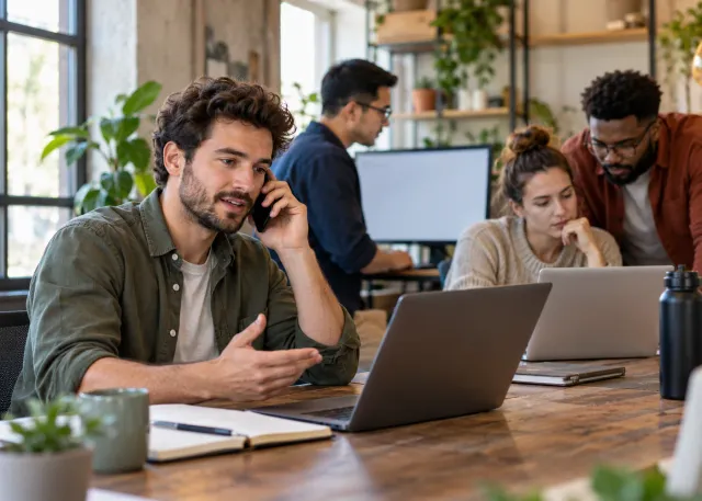 A product team on launch day responds to a real customer support call while one colleague checks an unlabelled performance dashboard and another watches a customer use the app; emphasize ongoing support after launch.