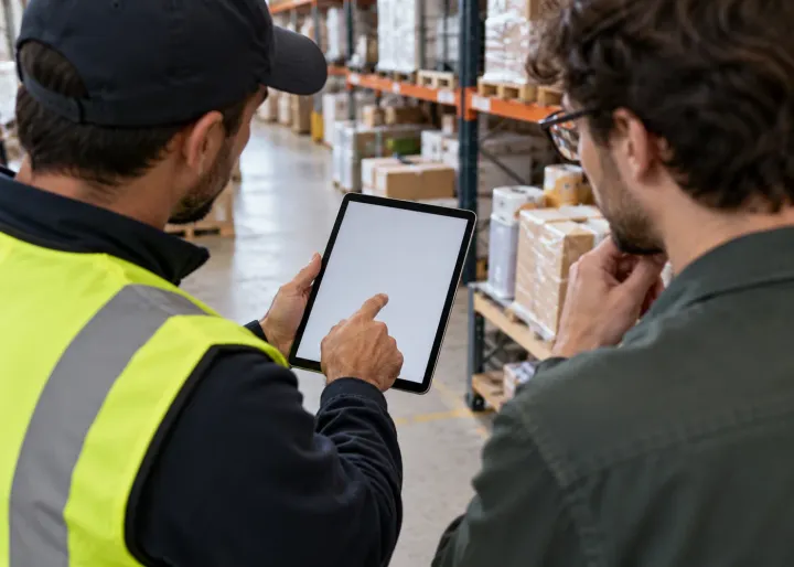 In a warehouse, a field worker shows a product designer an unusual stock-check workflow on a blank tablet beside real shelving and packages; a distinct business process that standard software struggles to fit.