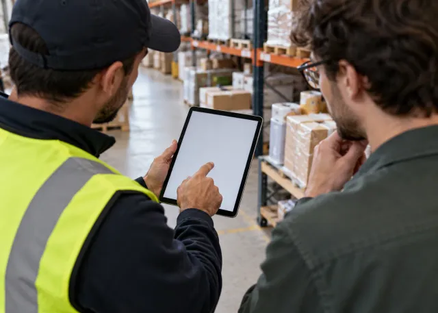 In a warehouse, a field worker shows a product designer an unusual stock-check workflow on a blank tablet beside real shelving and packages; a distinct business process that standard software struggles to fit.