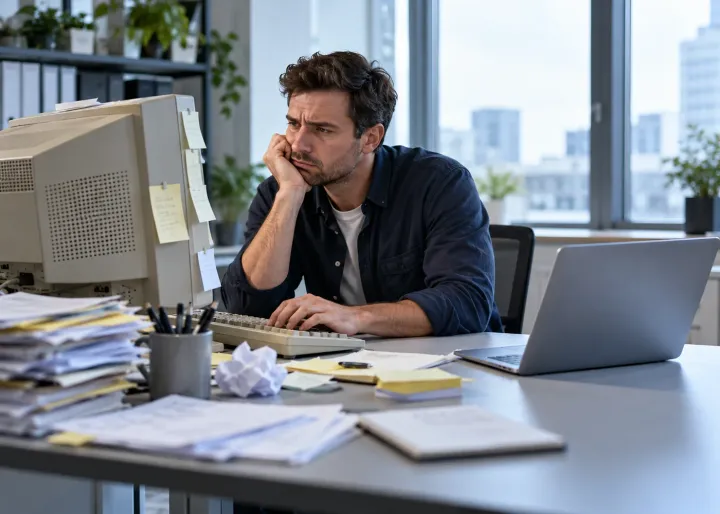 An employee at an aging desktop computer works around a slow, cluttered process with paper notes while a newer, simple laptop sits ready for comparison; the old system bottleneck is obvious.