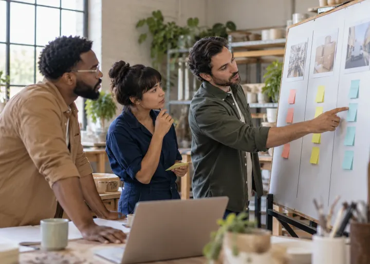 A team maps three different work bottlenecks on a blank planning board and points to the one causing the most customer delay.