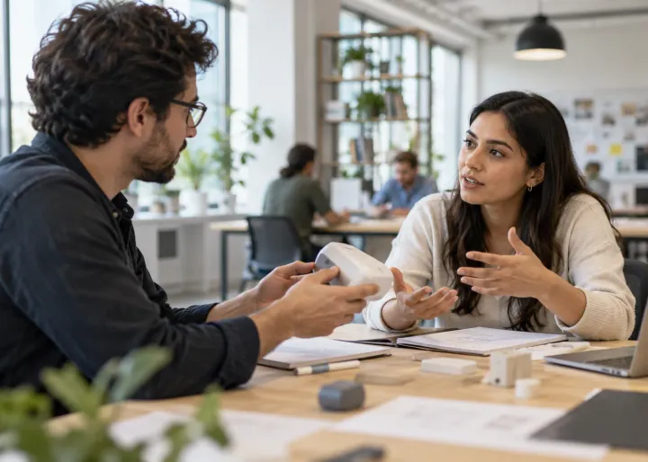 A business employee listens to a customer describe a problem, with a prototype or service touchpoint between them.
