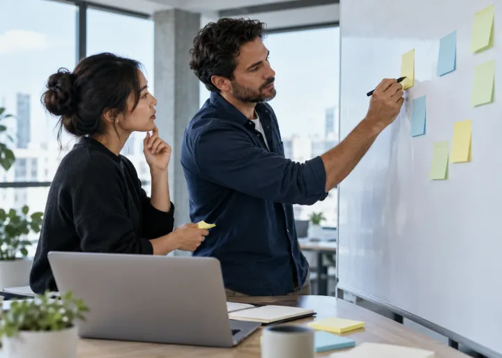 A business owner and one colleague define a small first AI experiment using a blank planning board and sample work.