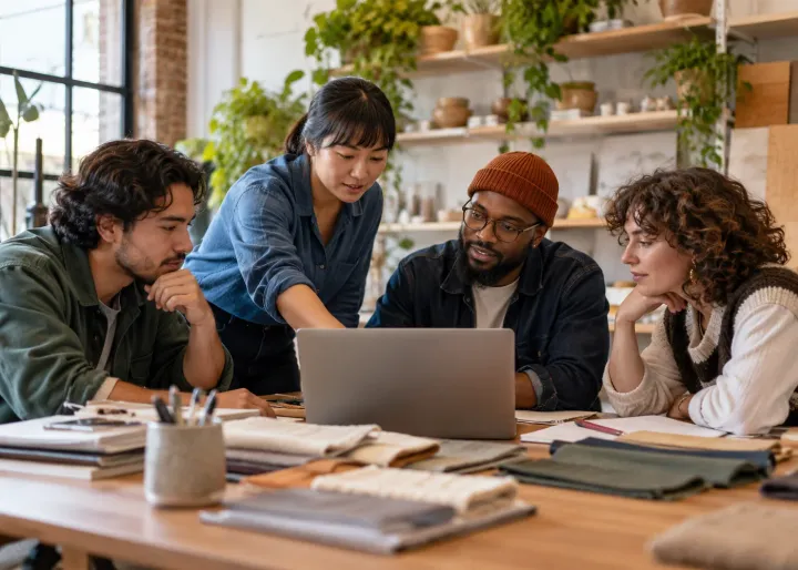 A small, diverse team tries a new AI-assisted work routine together, discussing and checking the result at a shared table.
