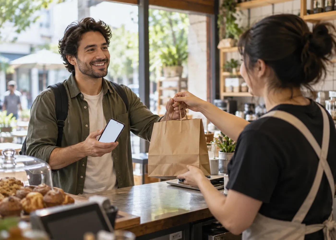 A returning customer completes an easy repeat purchase on a blank phone and collects it at a friendly neighborhood counter.