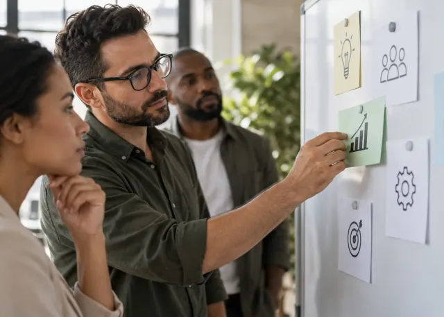 A business leader and team select one measurable outcome from several idea cards on a blank board before choosing an AI tool.
