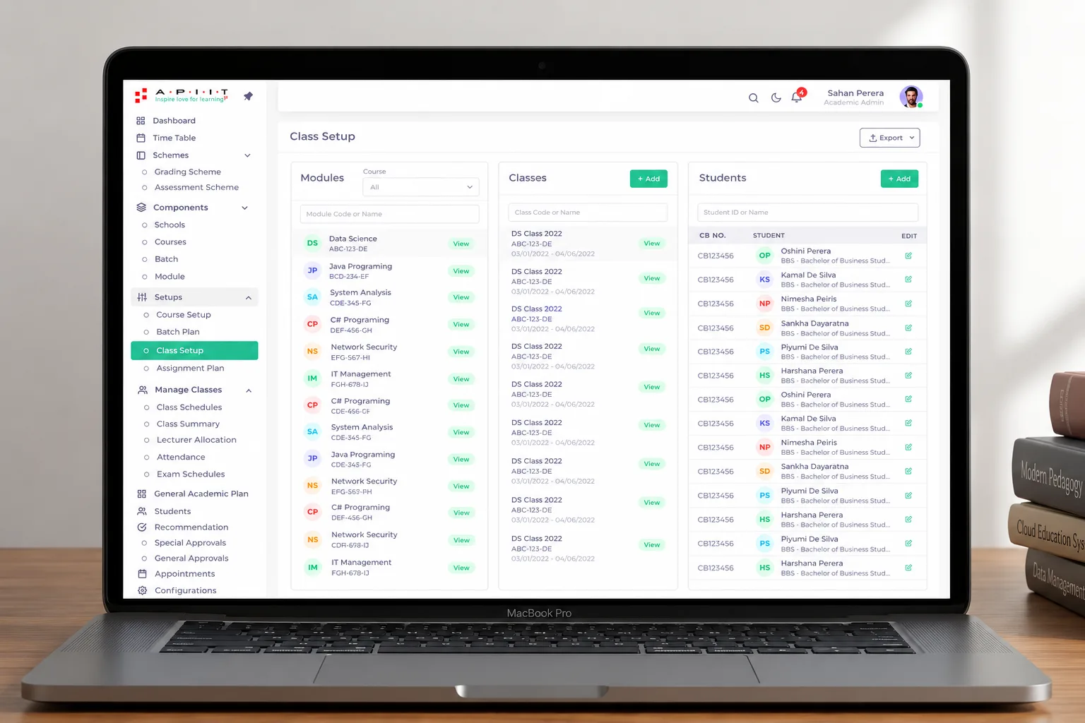 Class setup dashboard with modules, classes and students